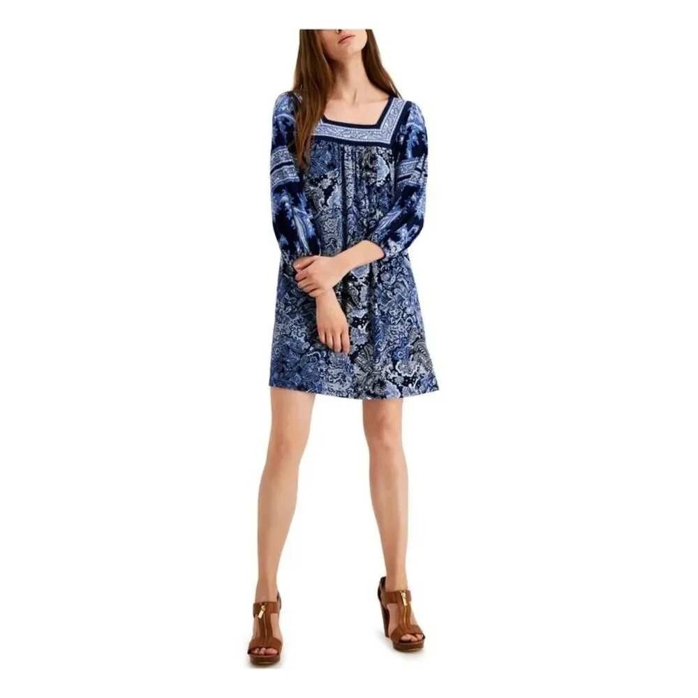 MICHAEL Michael Kors Blue Paisley Square Neck 3/4 Sleeve Shift Dress Size M